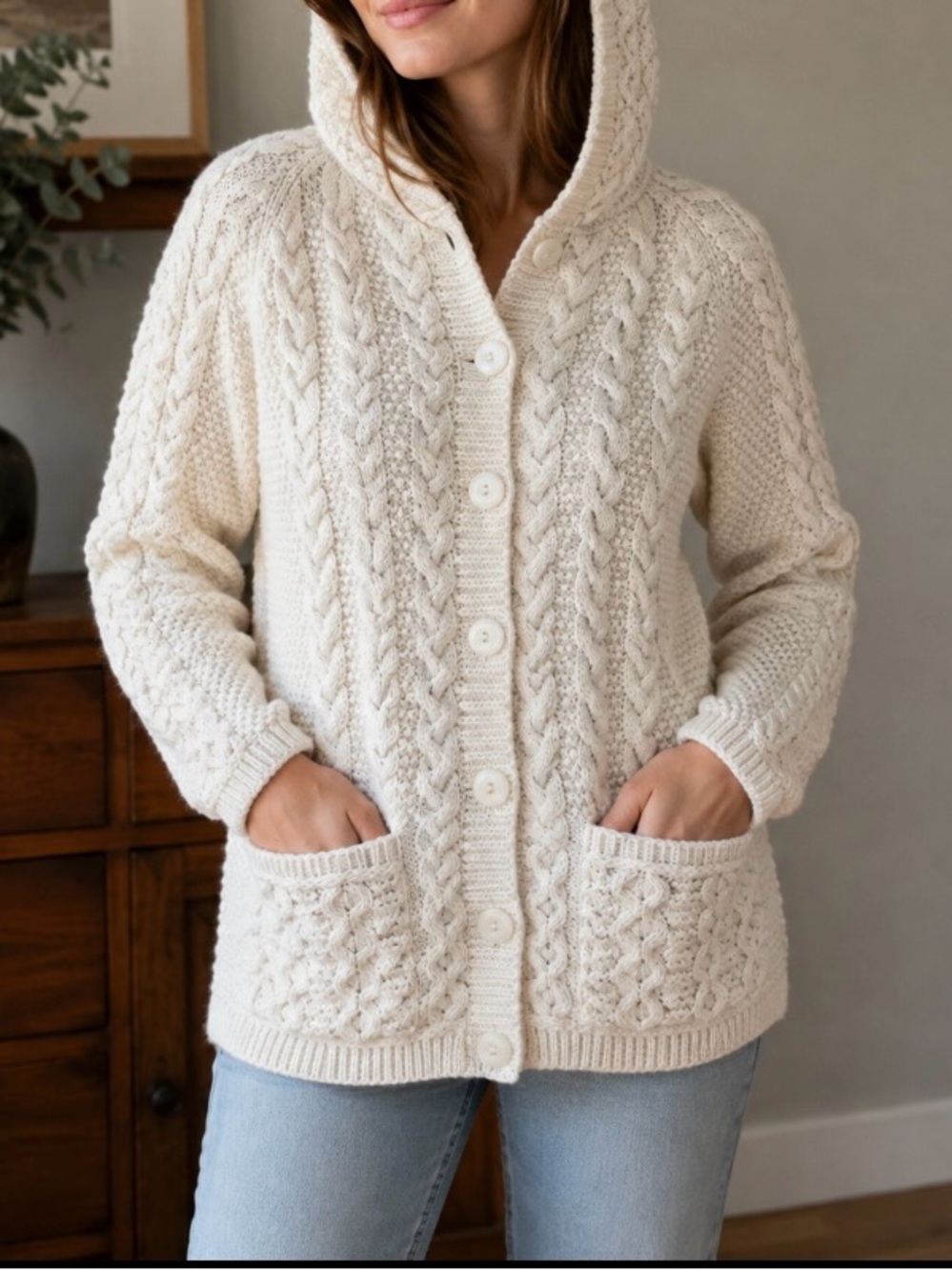Hooded Cable-Knit Button Front Cardigan Sweater - Cream